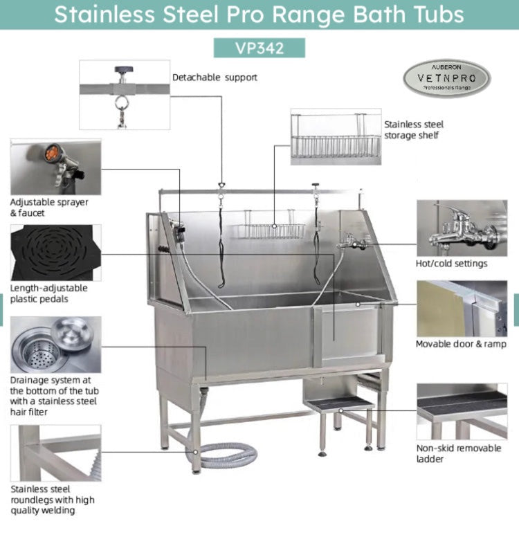 Dog grooming stainless steel pro range Bath Tub 130cm many features AUBERON Dog Supplies