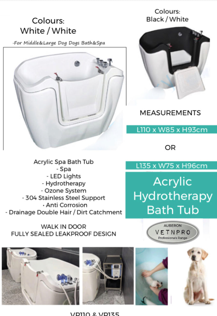 Dog Bath 2 sizes 110cm + 135cm Walk-In Entry Hydrotherapy Spa Massage Hydrobath incl Ozone & Thermostat & more