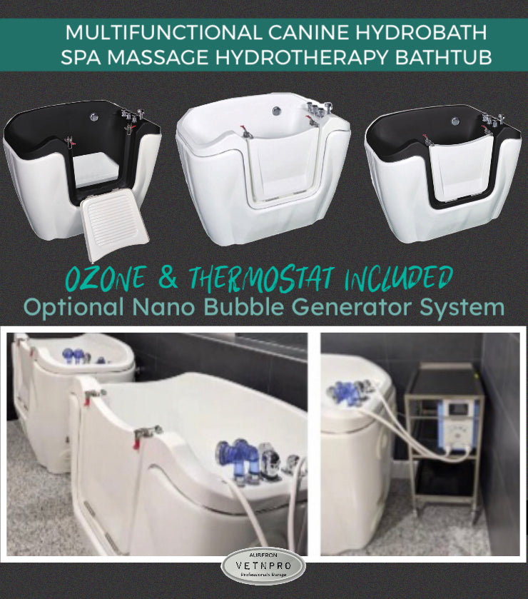 Dog Bath 2 sizes 110cm + 135cm Walk-In Entry Hydrotherapy Spa Massage Hydrobath incl Ozone & Thermostat & more