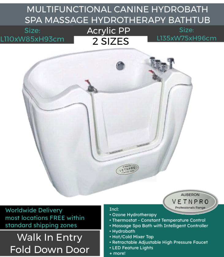 Dog Bath 2 sizes 110cm + 135cm Walk-In Entry Hydrotherapy Spa Massage Hydrobath incl Ozone & Thermostat & more