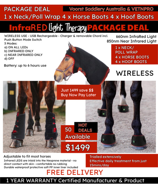 ✴️Equine Infrared RTL PRO RANGE Package Deal: 4 x Horse Boots + 4 x HOOF Boots + 1 x Poll Cap Neck Wrap High Quality Equine IRLT Medical Grade