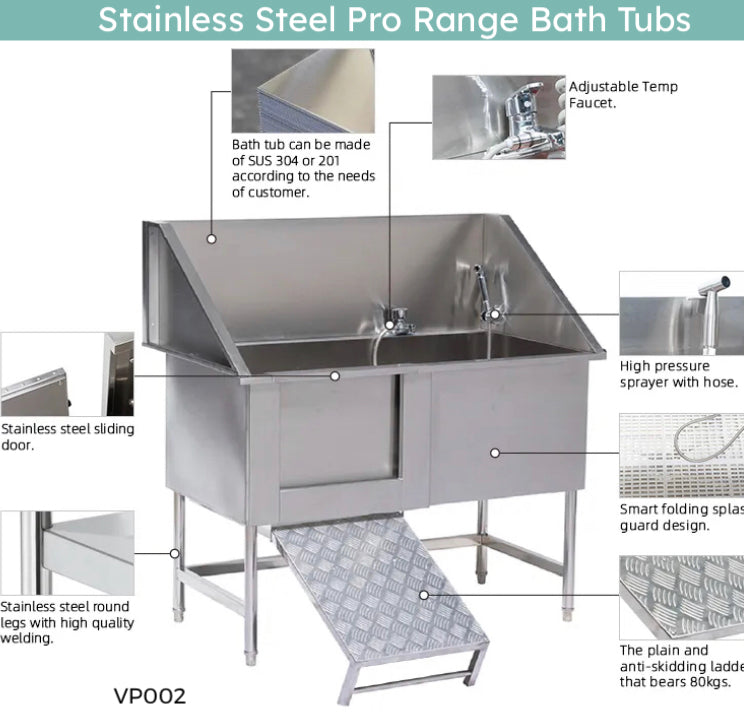 Dog pet grooming stainless steel pro range Bath Tub 130x61x90-150cm